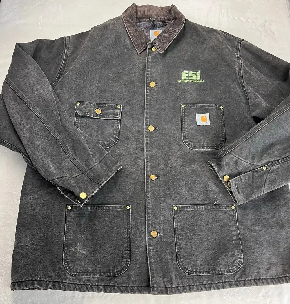 Carhartt Black Vintage Chore Coat Jacket Men's size 54 Tall Blanket Lined USA